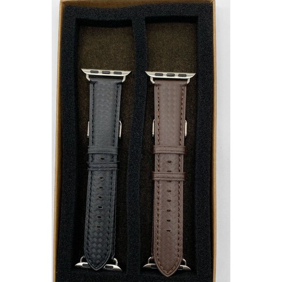 Mens Leather Watch Bands Brown & Black 2-Piece Set Compatible With Apple Watch - Picture 2 of 4